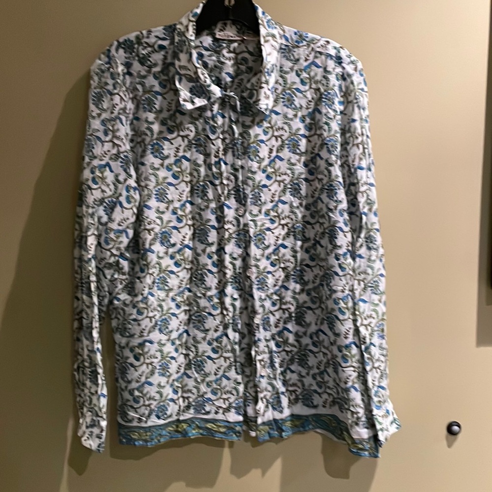 Block Print Voile, Shell Button Down Indian Cotto… - image 1